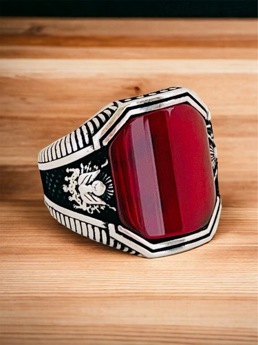 Otomano Emblema Motivo Plano Rojo Piedra Ágata 925 Plata de Ley Hombre Anillo - Imagen 2 de 6