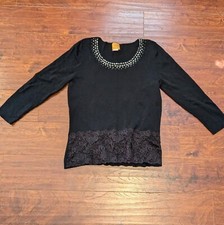 Ruby Rd. Black M Rayon Nylon Pullover Sweater w/ Sequin Bead  Lace Trim Dressy