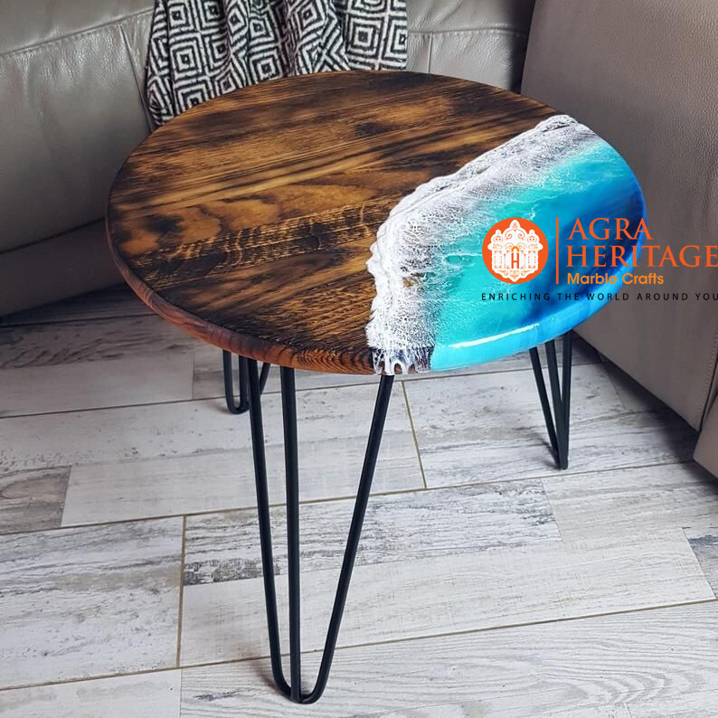 Epoxy Resin Ocean Wave Coffee Table with Acacia Wood River Design-image