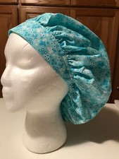 Scrub Hat Medical Nursing Chemo Flowers Cotton Fabric Aqua