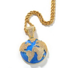 3AAA+ CZ Ice Out Hop Hip Earth Pendant Necklace 24In Rope Chain Bling