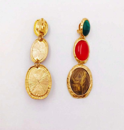 Clip on 3 1/4" large gold green, orange and brown stone dangle earrings