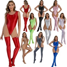 Woman's Sexy Glossy Full Body Suit Stocking Lingerie High Cut Tank Top Jumpsuit