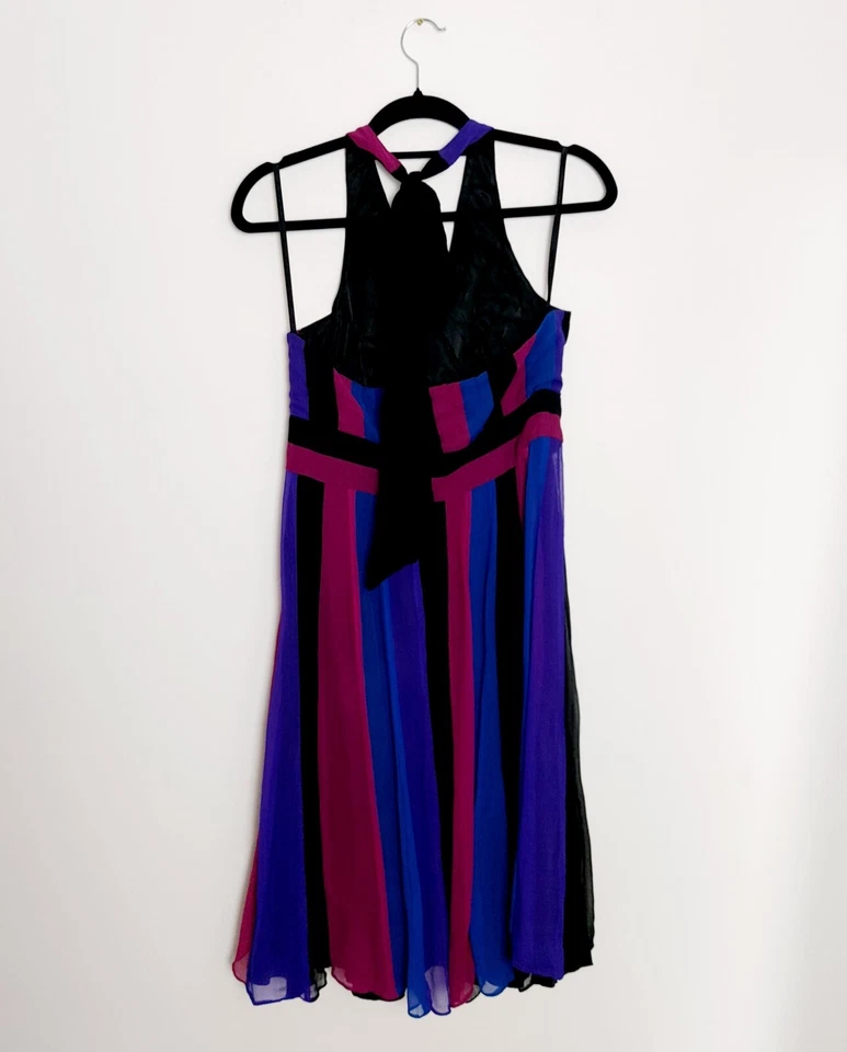 Coast Black Pink Purple Blue Striped Silk Knee-length Halterneck Dress Size 12 - Image 4 of 4