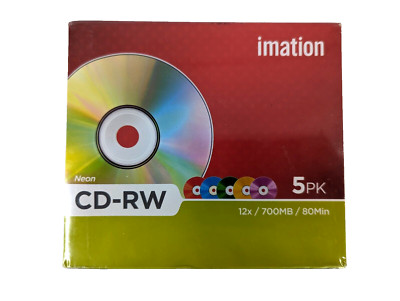 5PK Imation Neon CD-RW 700MB 12x File/Data Storage Rewritable Blank ...