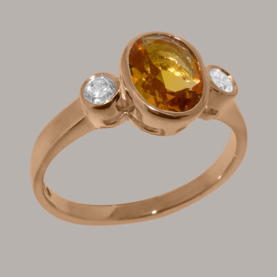 Solid 9ct Rose Gold Natural Citrine & Diamond Womens Trilogy Ring - Sizes J to Z