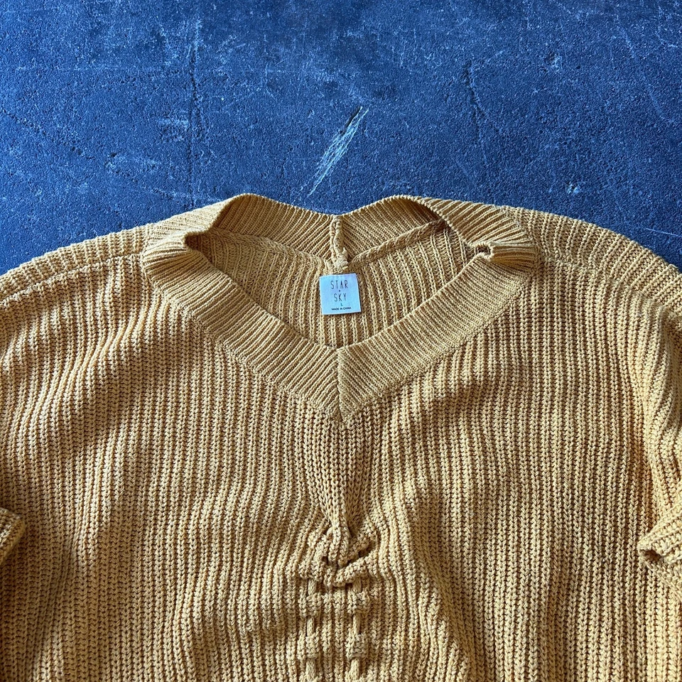 Suéter corto Star + Sky de gran tamaño para mujer L amarillo corbata manga larga tejido Foto 2 de 4