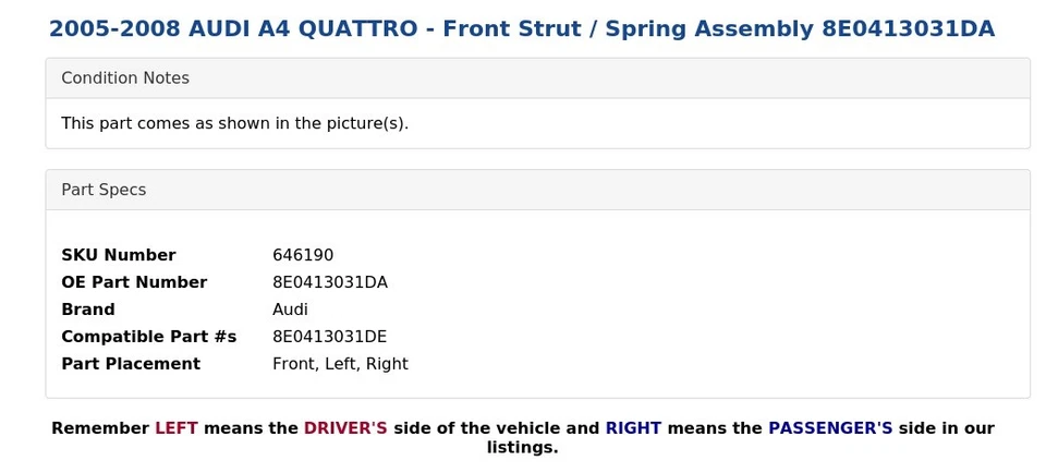 AUDI A4 QUATTRO 2005-2008 - Montaje de resorte/puntal delantero 8E0413031DA Foto 4 de 4