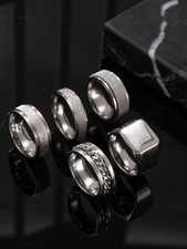 5pcs Grey Stainless Steel Men Rings Set Size 7 8 9 10 11