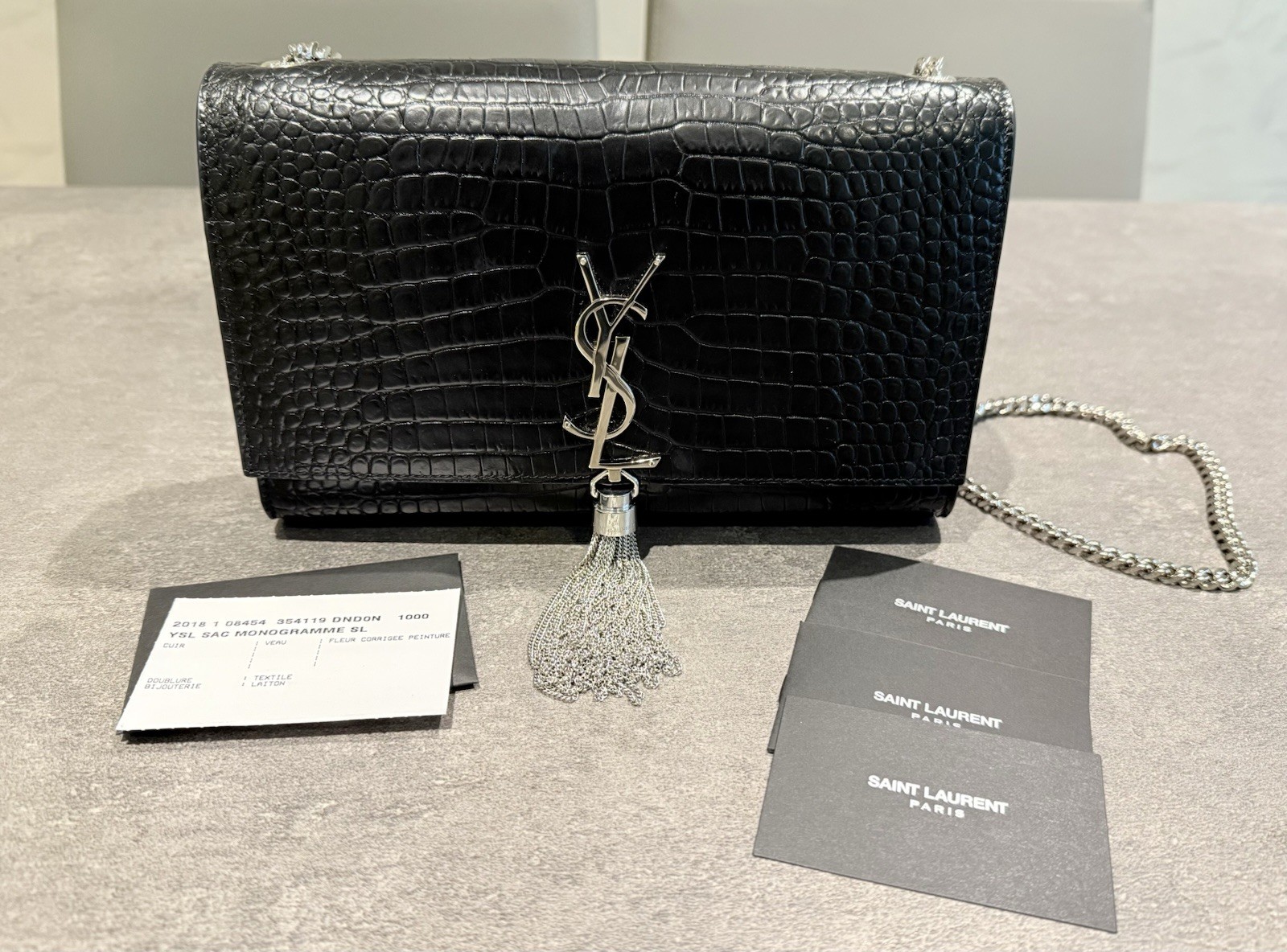 Saint Laurent Croc Embossed Medium Kate Chain Shoulder Bag