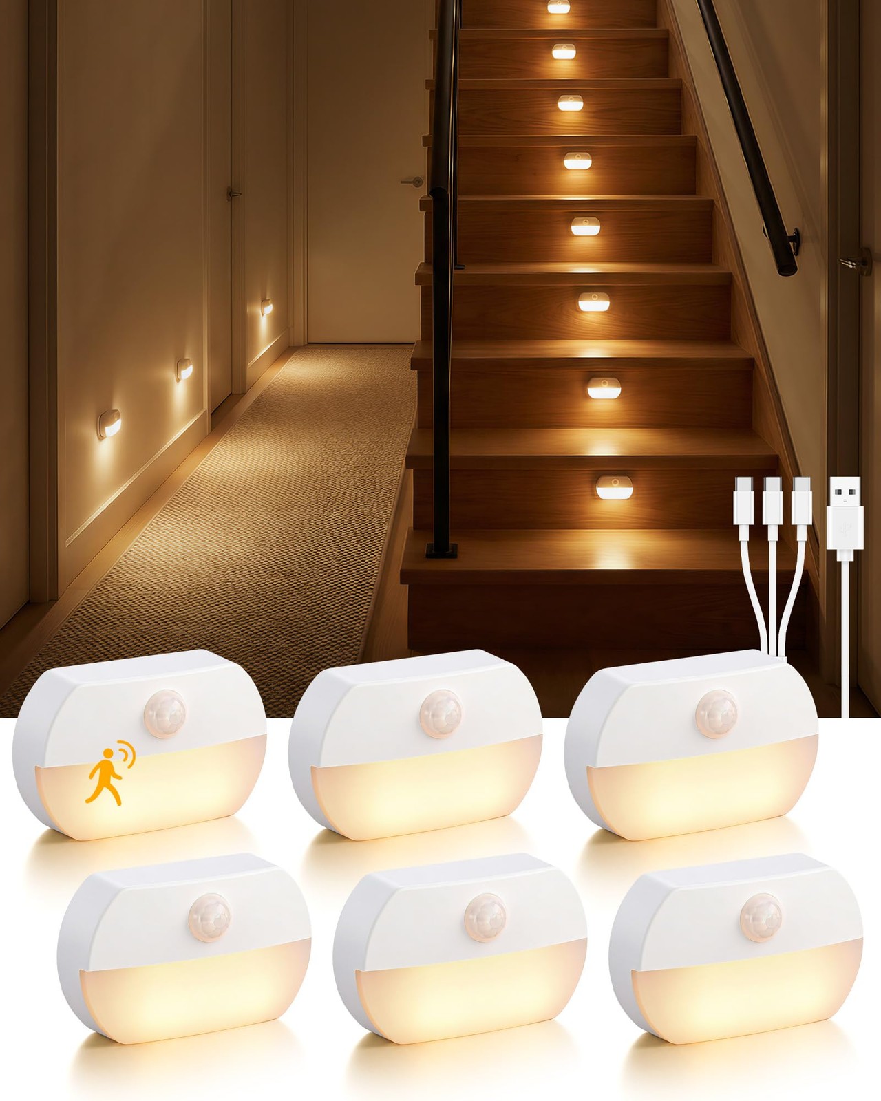 6 Pack Rechargeable Motion Sensor Stair Lights, Indoor Hallway Wall Light, Ma...