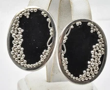 Estate Designer MICHI Sterling Silver & Natural Black Onyx Large Oval earrings