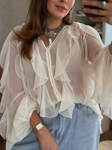 Ruffled Sheer Long Sleeve Blouse - Picture 19 of 52