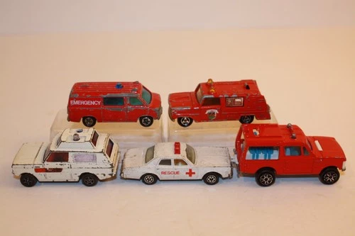 5 Vintage 1970's - 1980's Majorette/Corgi/Yatming/Tomica Emergency Rescue Cars