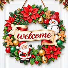 Christmas Welcome Wreath for Front Door Vintage Santa Wooden Xmas Hanging Decor