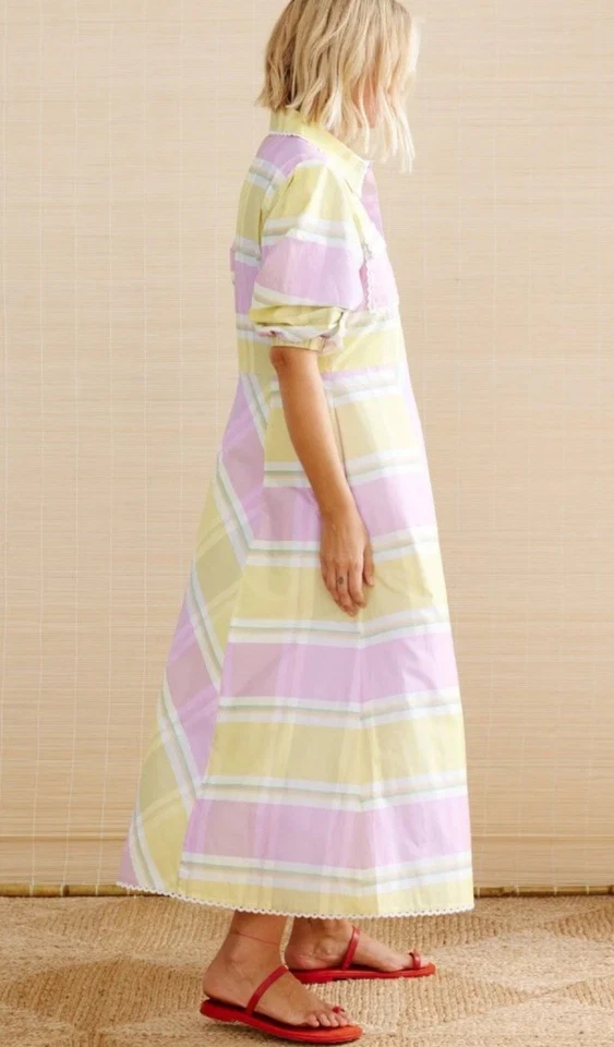Binny Roller Dress Sz AU-UK 12 US 6 Pastel Pink Lemon Check Long Sleeve Maxi - image 4 of 4