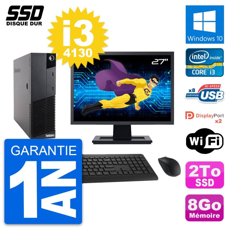 PC Lenovo M83 SFF Ecran 27" Intel Core i3-4130 RAM 8Go SSD 2To Windows 10 Wifi