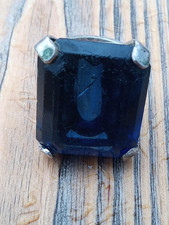 Vintage Mid-Century Sterling Silver Statement Ring w/ Large Blue Glass Stone 7