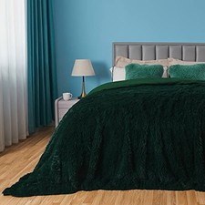 Fuzzy Faux Fur Throw Blanket Queen Size Super Soft Queen 90"x90" Forest Green