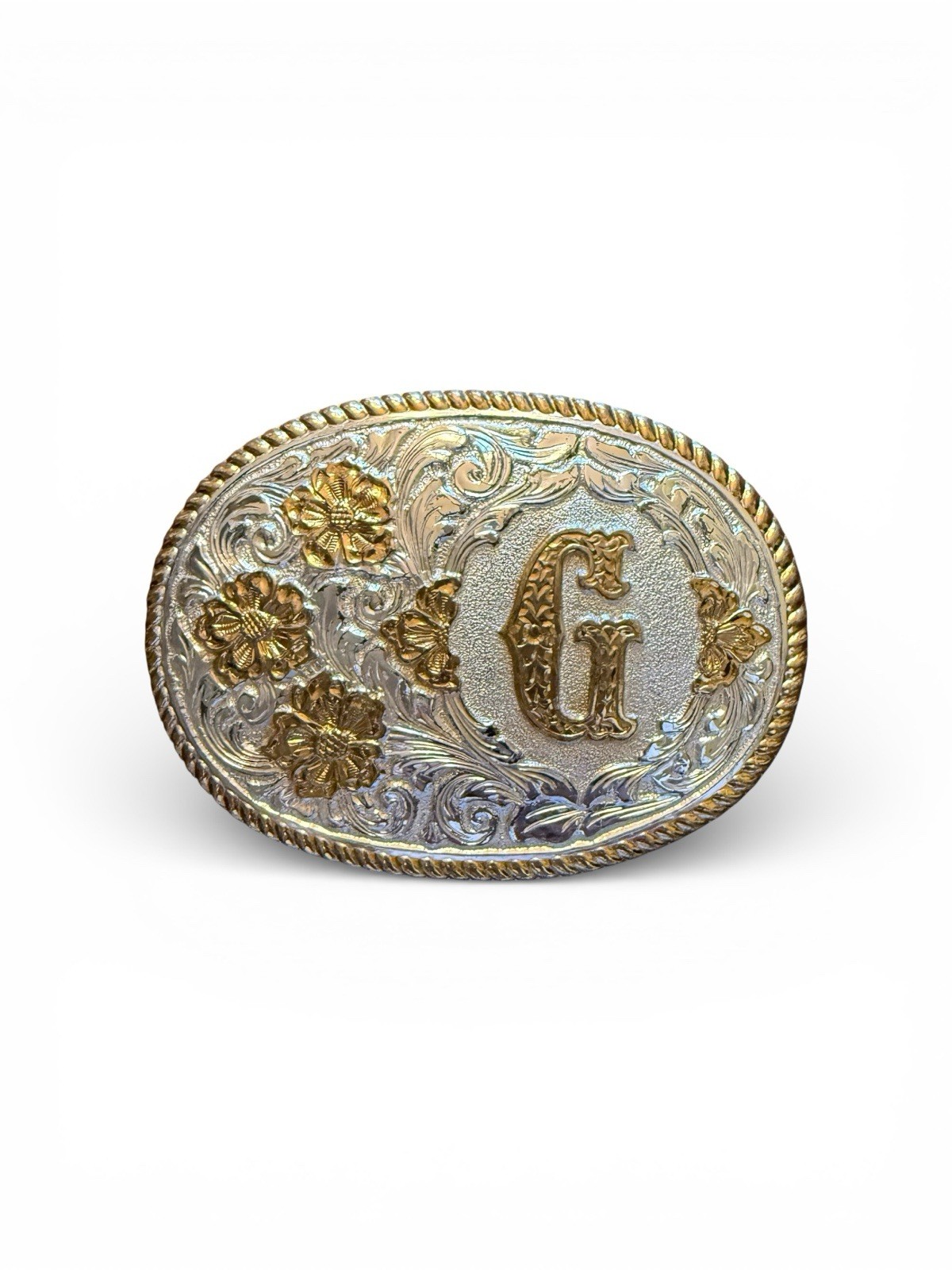 Vintage Crumrine Silver Tone Brass Letter G Western Belt Buckle Cowboy Cowgirl