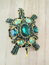 Green Turtle Brooch Crystal Rhinestone Pin Gold Tone Jewelry