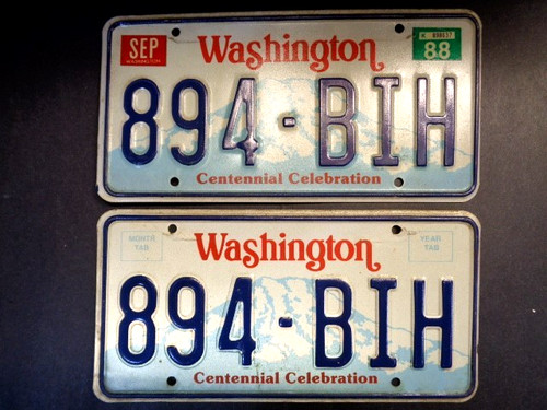1987-1990 Washington Passenger license Plate Pair YOM (894-BIH) with 88 tag.