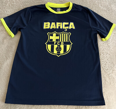 FCB Barca Barcelona Boys Navy Blue Neon Yellow Short Sleeve