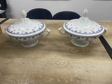 Vintage Blue And White Soup Tureens With Rose Pattern Large
