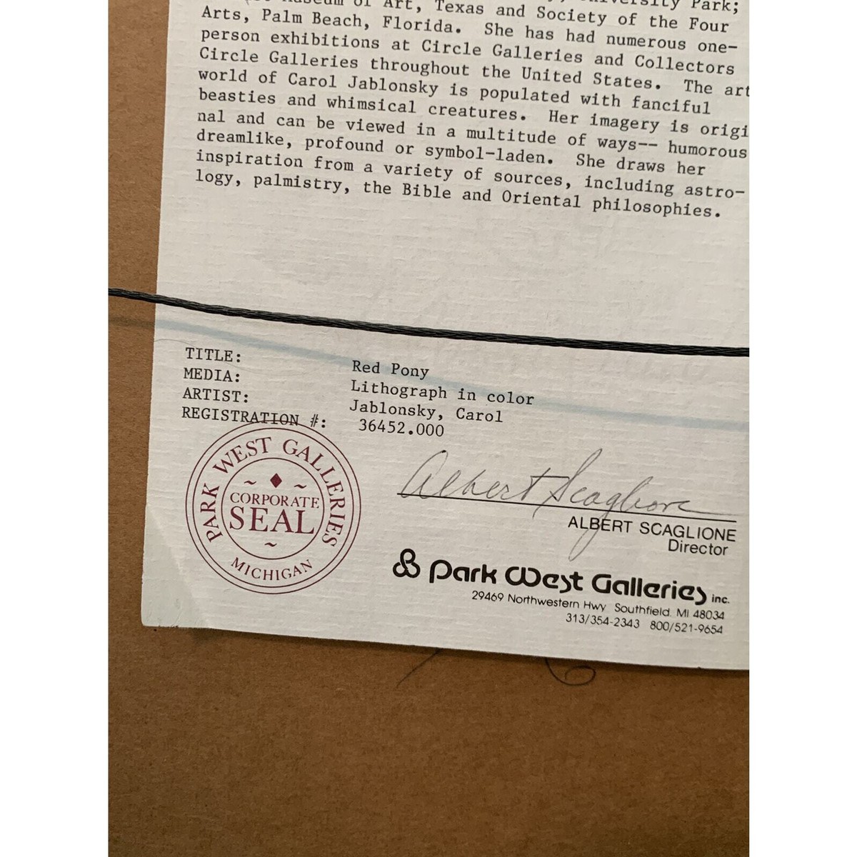 Carol Jablonsky Framed Red Pony Lithograph Signed Art 60/300 COA