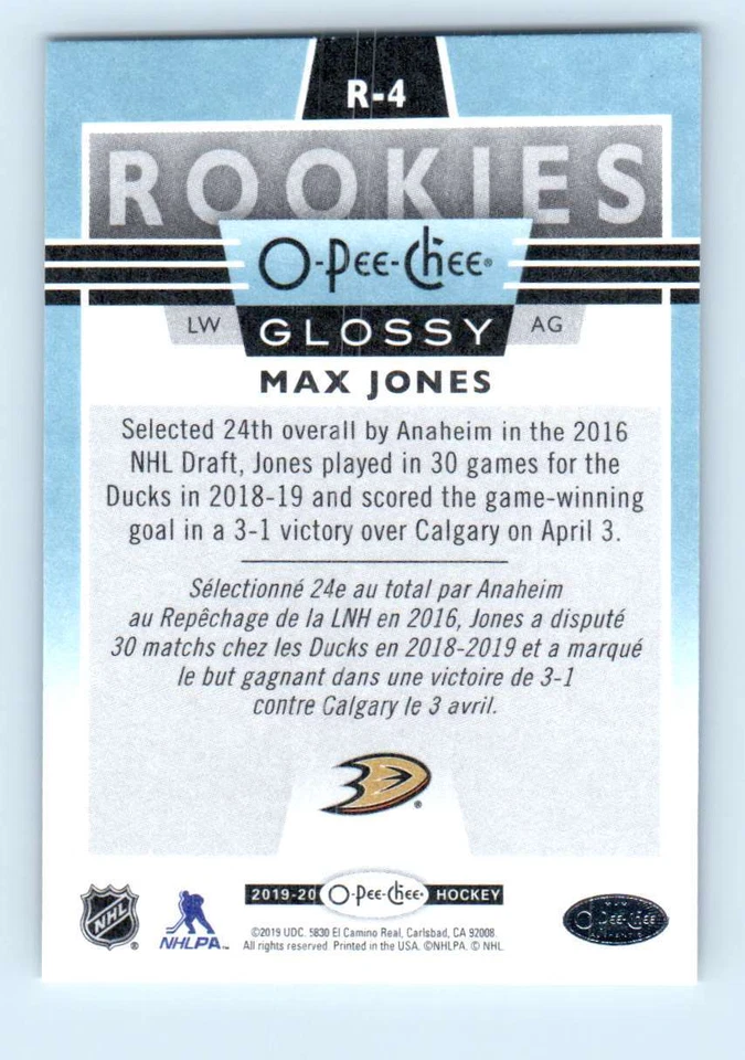 2019-20 O-Pee-Chee Glossy Rookies Max Jones Rookie Anaheim Ducks #R-4 - Image 2 of 2