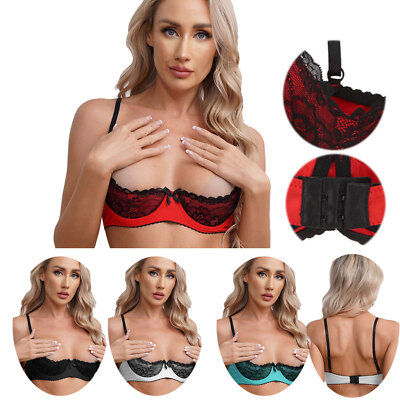 US Women's Sheer Lace Underwire 1/4 Cups Bra Push Up Shelf Balconette Bras Sexy