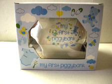 My First Piggy Bank By Kelli's Gifts, Blue  White, 6" x 5", Ceramic, Brand New