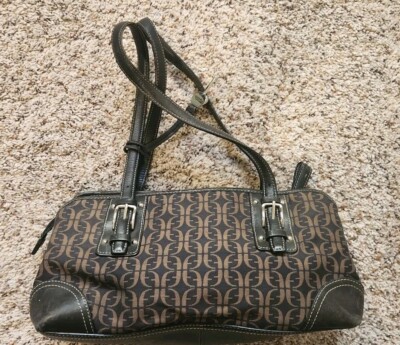 Fossil Black Brown Canvas Leather Trim Shoulder Bag Handbag