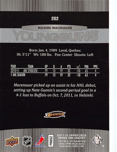 2011-12 Upper Deck #202 Maxime Macenauer YG RC - Picture 2 of 2