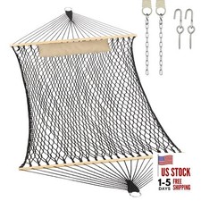  Traditional Rope Double Hammock - Hand Woven Cotton 10.5FT with Pillow Black
