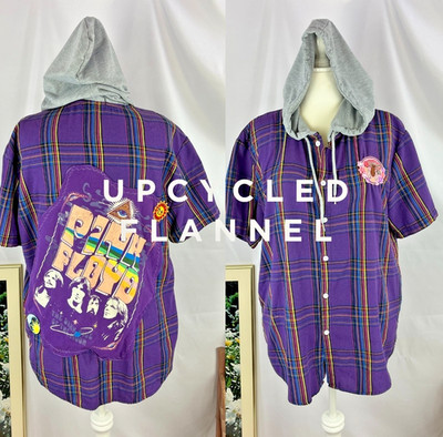 Pink Floyd Tshirt UPCYCLED Flannel Hoodie Short Sleeve XL Mushroom Patch Hippie