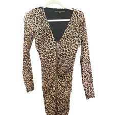 Guess ruched leopard lined dress gold zipper sheer sleeves womens size medium