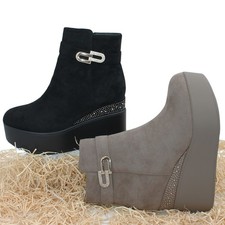 Stivaletti donna Tronchetti con zeppa scarpe stivali scamosciati strass 0609