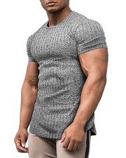Men's Muscle T-Shirts Stretch Short Sleeve Bodybuilding Casual Slim Fit Tee M