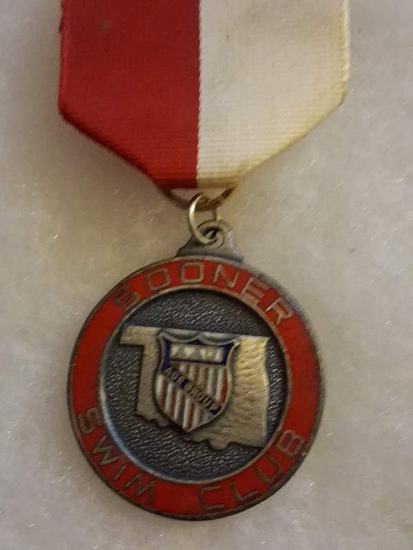 Oklahoma Sooner Swim Club AAU Medal Ribbon Age Group Shield Red Enameled Vintage