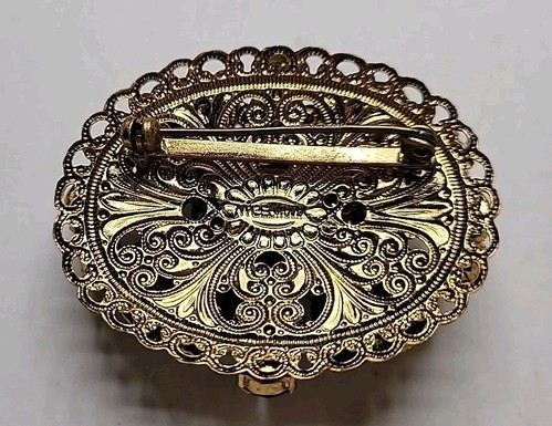 Broche DE COLECCIÓN Alemania Occidental Filigrana Ámbar Vidrio Cabujón Estrás Tono Dorado - Imagen 3 de 8