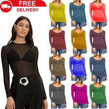 WOMENS SHEER MESH TOP LADIES LONG SLEEVE SEE THROUGH STRETCHY T SHIRT TOPS 8-24