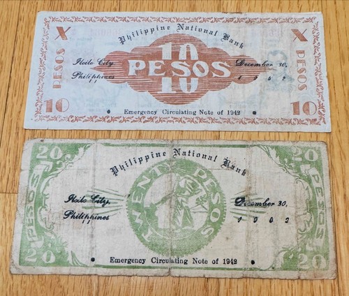 2 x Philippines WW2 Emergency Guerrilla 1942 notes from Iloilo 10 & 20 Pesos - Picture 2 of 2