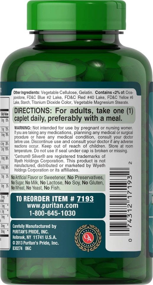 Puritan's Pride ABC Plus Senior Multivitamin Multi-Mineral Formula - 240 Caplets - Image 4 of 4