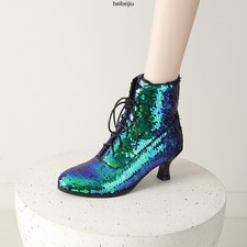 Women's Kitten Heel Sequins Ankle Boots Glitter Lace Up Shiny Shoes Dance Plus