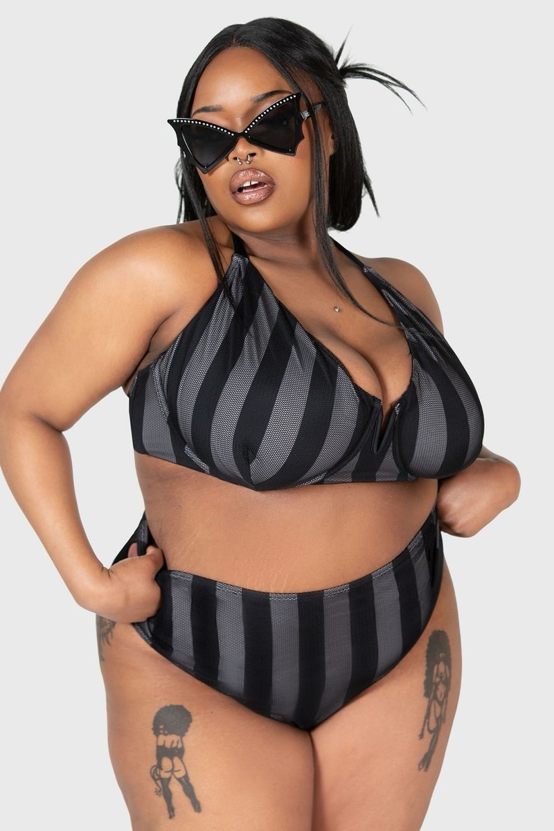 Killstar Highwaisted Zombie Atoll Bikini | Black Gray Stripe 4XL