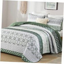 Green Quilt Set Queen Size,Boho Striped Patchwork Queen 96" 90" Dark Green