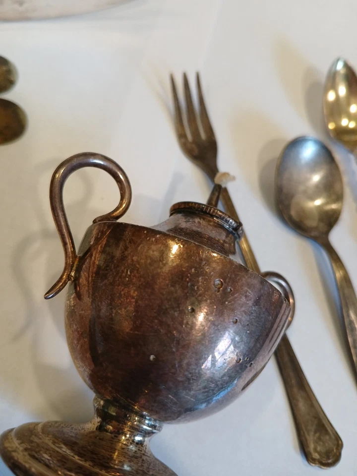 9 Items Silver Plate & Sterling Spoons, Fork, Knives, Mini Oil Lamp - Image 4 of 4