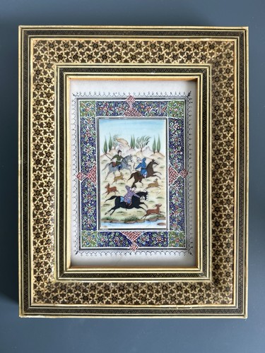 Vintage Persia Miniature Painting, Hunting Scene, Elaborate inlaid Frame