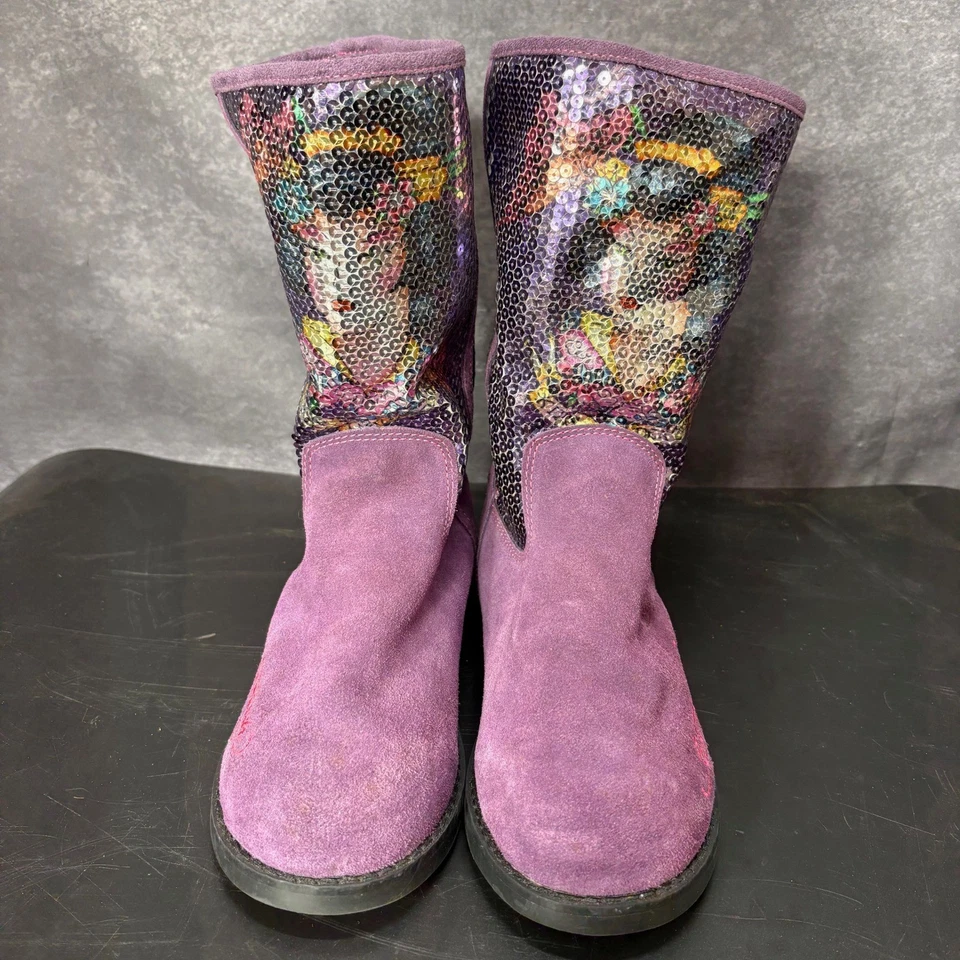 Ed Hardy Purple Suede Sequin Geisha Boots Women's Size 7 Y2K Faux Fur Lined - Image 3 of 4